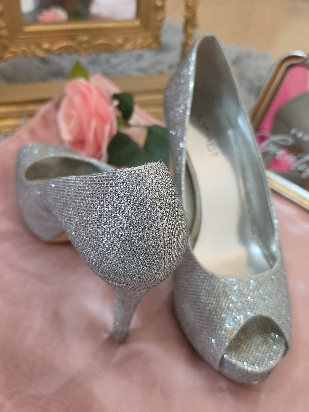 Nine West Silver Glitter Peep-Toe Pumps